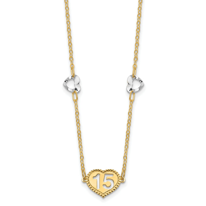 14K Two Tone Gold Textured Polished Finish 15 Heart Pendant Design in a 18.5-Inch with 2-Inch Extention Cable Chain Necklace Set
