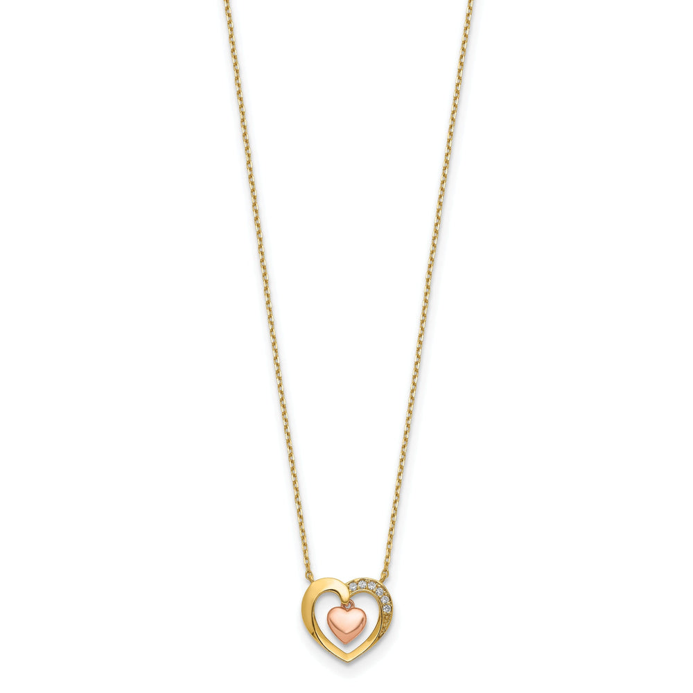 14K Two Tone Gold Polished Heart in Heart Cubic Zirconia Pendant Design in 18-Inch Necklace Set