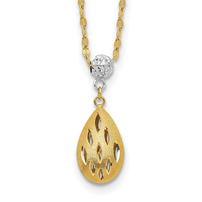 14k Two Tone Gold Satin Diamond Cut Finish Teardrop Dangle Design Pendant with 20-inch, 2-inch Ext Fancy Necklace set at $ 176.56 only from Jewelryshopping.com