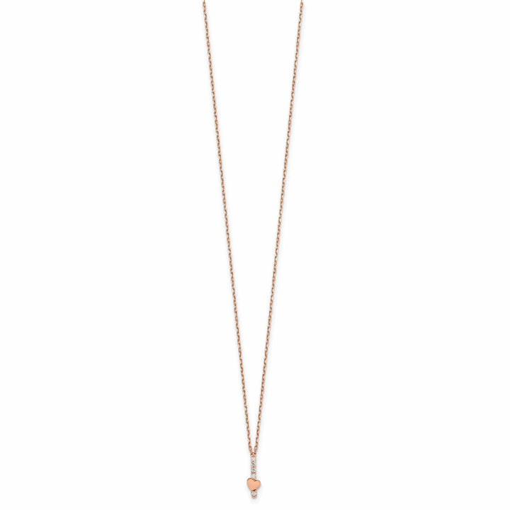 14k Rose Gold Solid Polished Finish Cubic Zirconia Heart Design with 1.25 in ext 15-inch Cable Chain Necklace