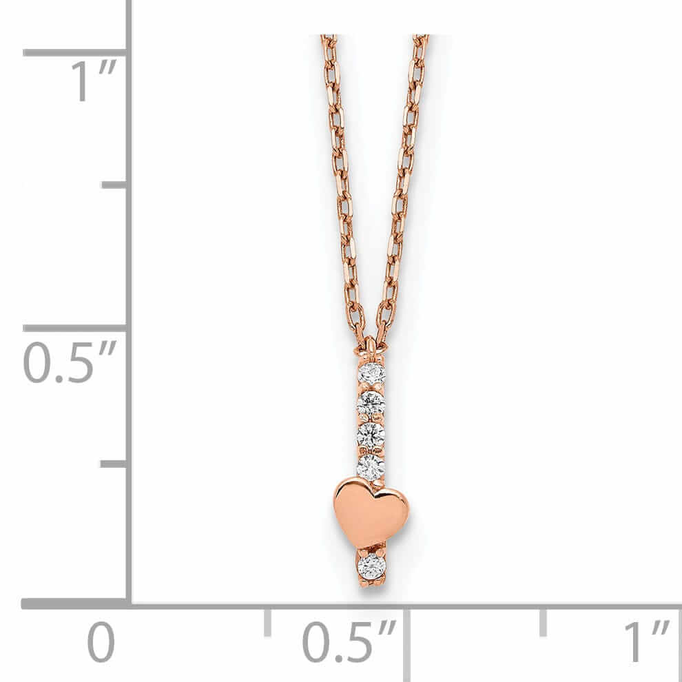 14k Rose Gold Solid Polished Finish Cubic Zirconia Heart Design with 1.25 in ext 15-inch Cable Chain Necklace