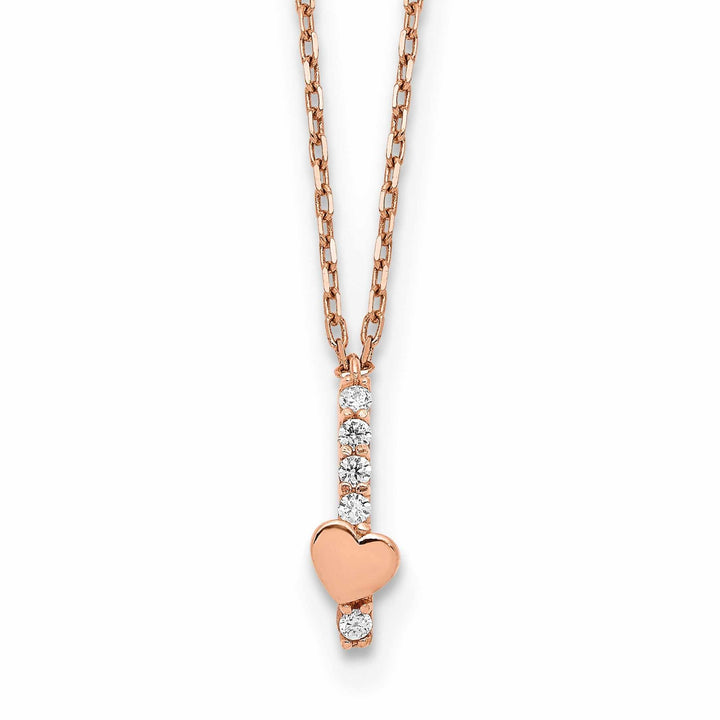 14k Rose Gold Solid Polished Finish Cubic Zirconia Heart Design with 1.25 in ext 15-inch Cable Chain Necklace