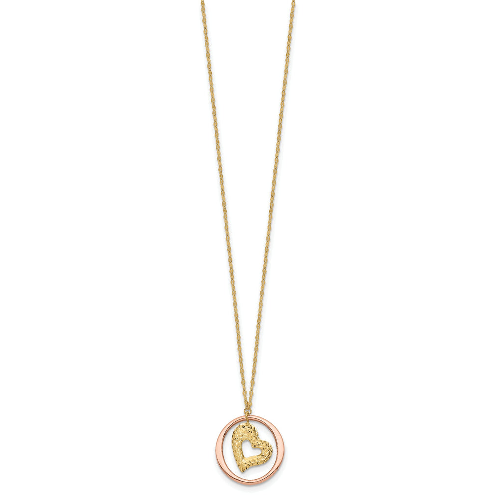 14K Two Tone Gold Polished Finish Fancy Link Heart in Open Circle Design 18-inch Necklace and Pendant