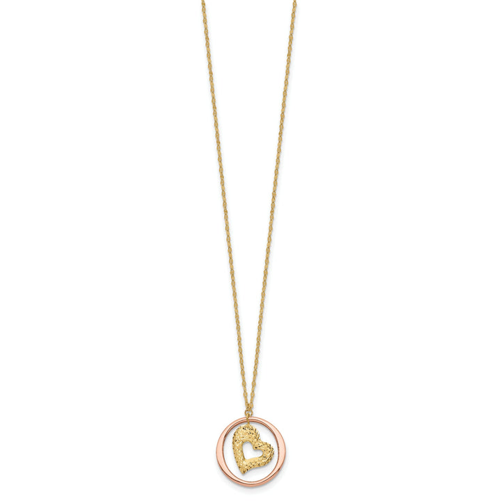 14K Two Tone Gold Polished Finish Fancy Link Heart in Open Circle Design 18-inch Necklace and Pendant