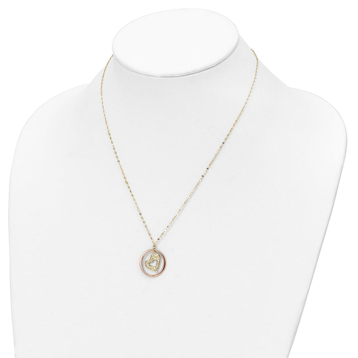 14K Two Tone Gold Polished Finish Fancy Link Heart in Open Circle Design 18-inch Necklace and Pendant
