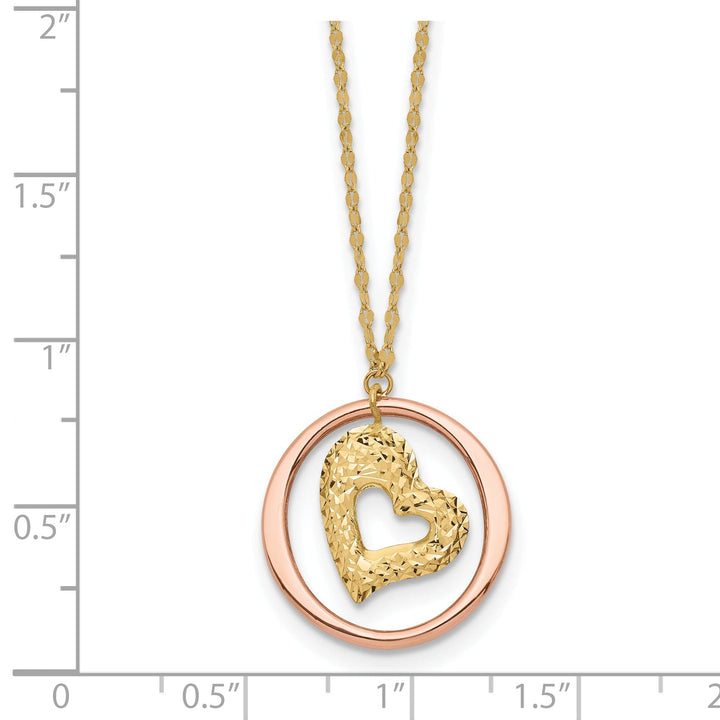 14K Two Tone Gold Polished Finish Fancy Link Heart in Open Circle Design 18-inch Necklace and Pendant