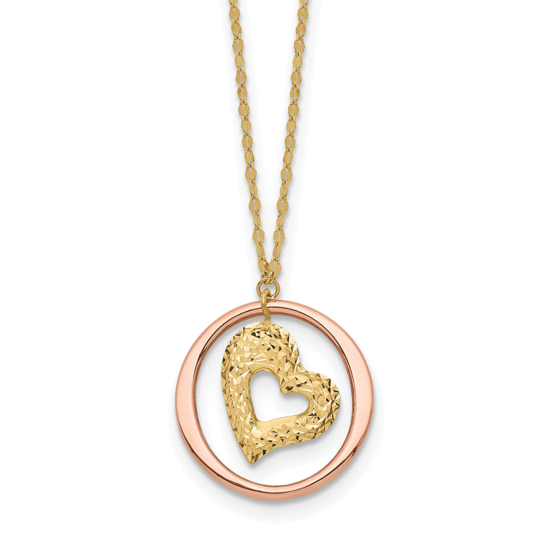 14K Two Tone Gold Polished Finish Fancy Link Heart in Open Circle Design 18-inch Necklace and Pendant