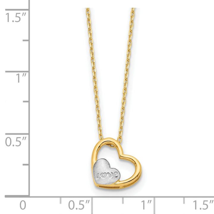 14K Yellow Gold, White Rhodium Love Heart in Heart Design with 17-inch Necklace