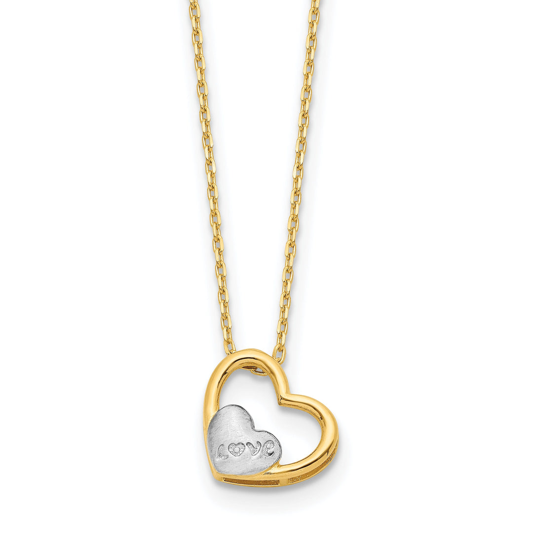 14K Yellow Gold, White Rhodium Love Heart in Heart Design with 17-inch Necklace