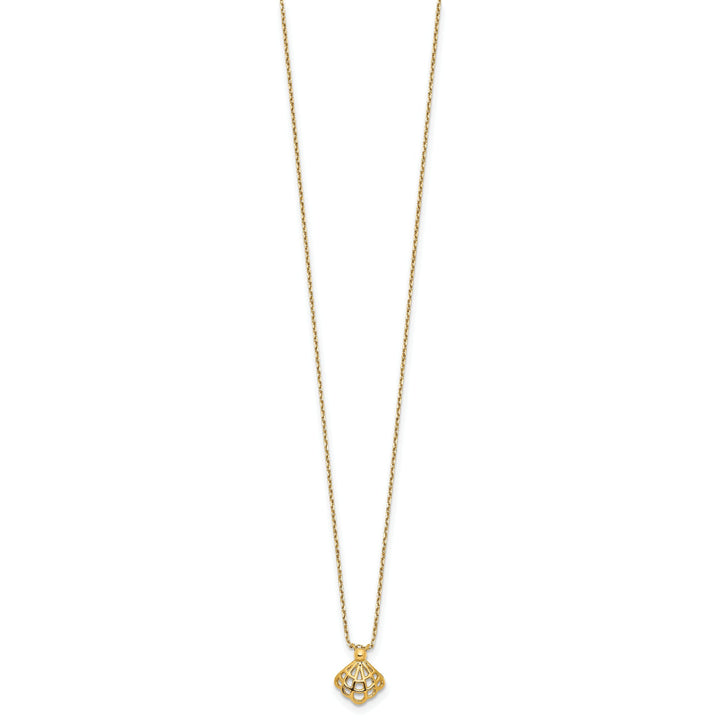 14k Yellow Gold Solid Polished Finish Concave Cut Out Seashell Pendant Design in a 15-inch, 1.25-inch Extention Cable Chain Necklace Set