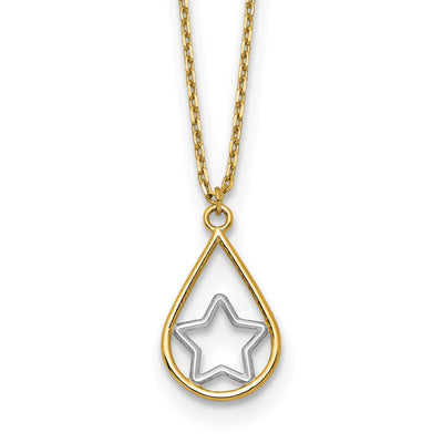 14k Yellow Gold, White Rhodium Solid 3-Dimensional Star in Teardrop Design Pendant 18-Inch Cable Chain Necklace Set