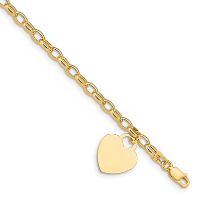 14k yellow gold heart link charm bracelet 7.5-inch, 15-mm width