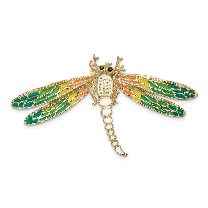 14K Yellow Gold Open Back Polished Multi-Color Enamel Finish Beaded Wings Design Dragonfly Charm Pendant