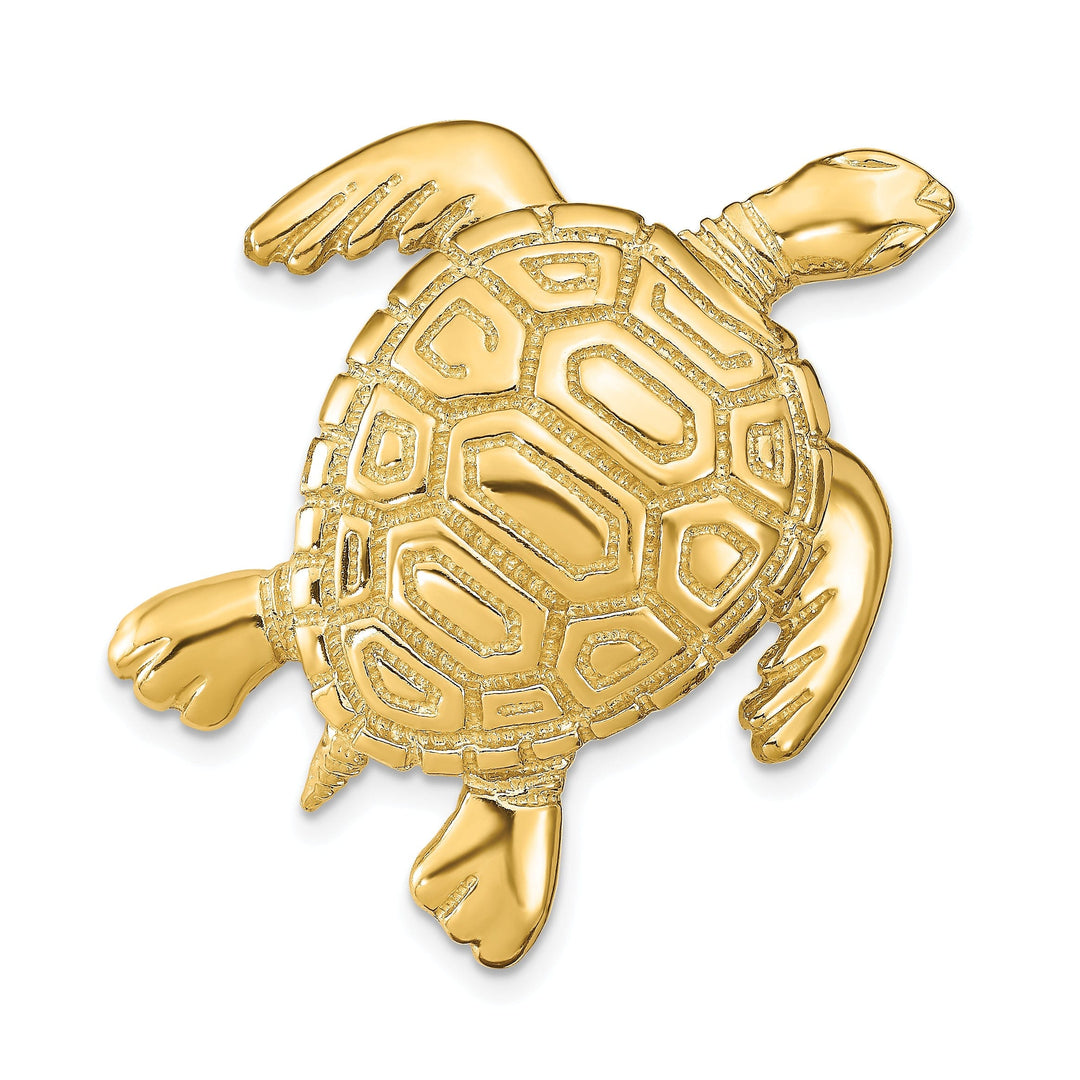 14k Yellow Gold Solid Textured and Polished Finish Turtle Slide. Fits up to 8mm Omega or 10mm Fancy Omega.