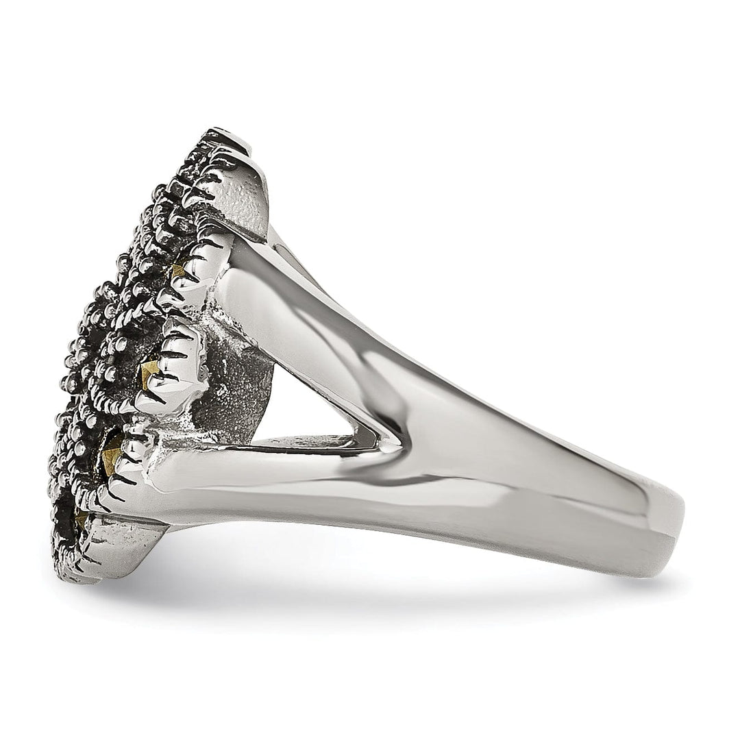 Stainless Steel Textured Flower Marcasite Ring