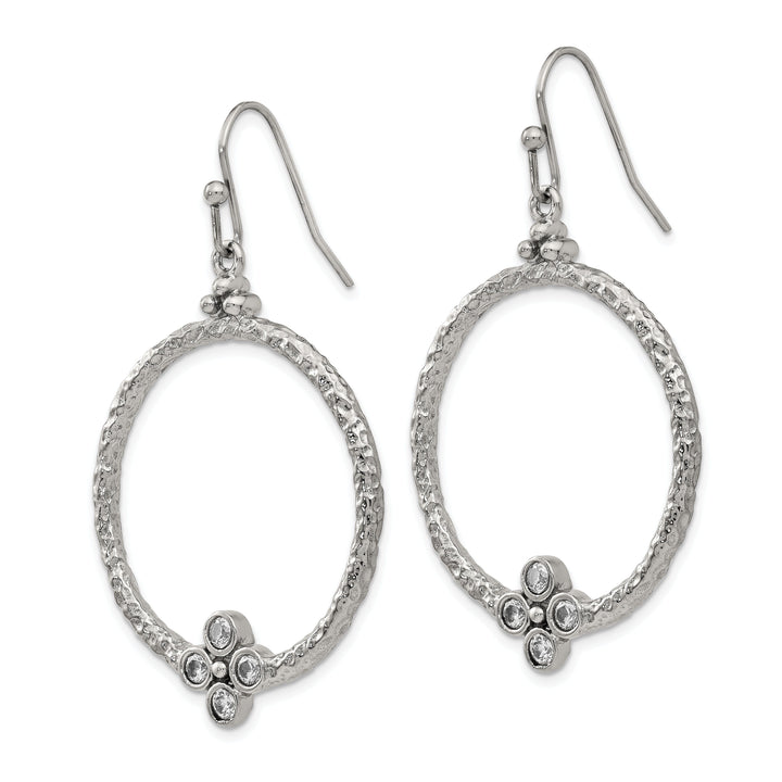 Stainless Steel Polish Textured CZ Hook Earrings