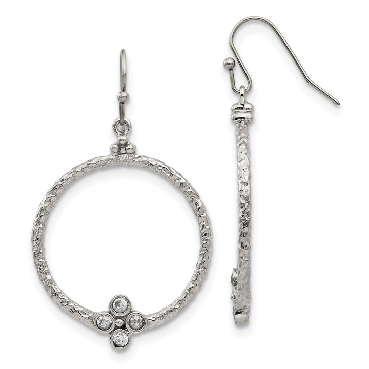 Stainless Steel Polish Textured CZ Hook Earrings