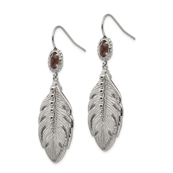 Stainless Steel Smokey Quartz Feather Earrings