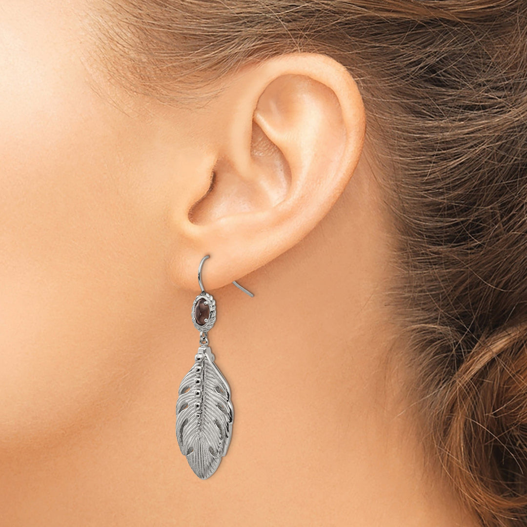 Stainless Steel Smokey Quartz Feather Earrings