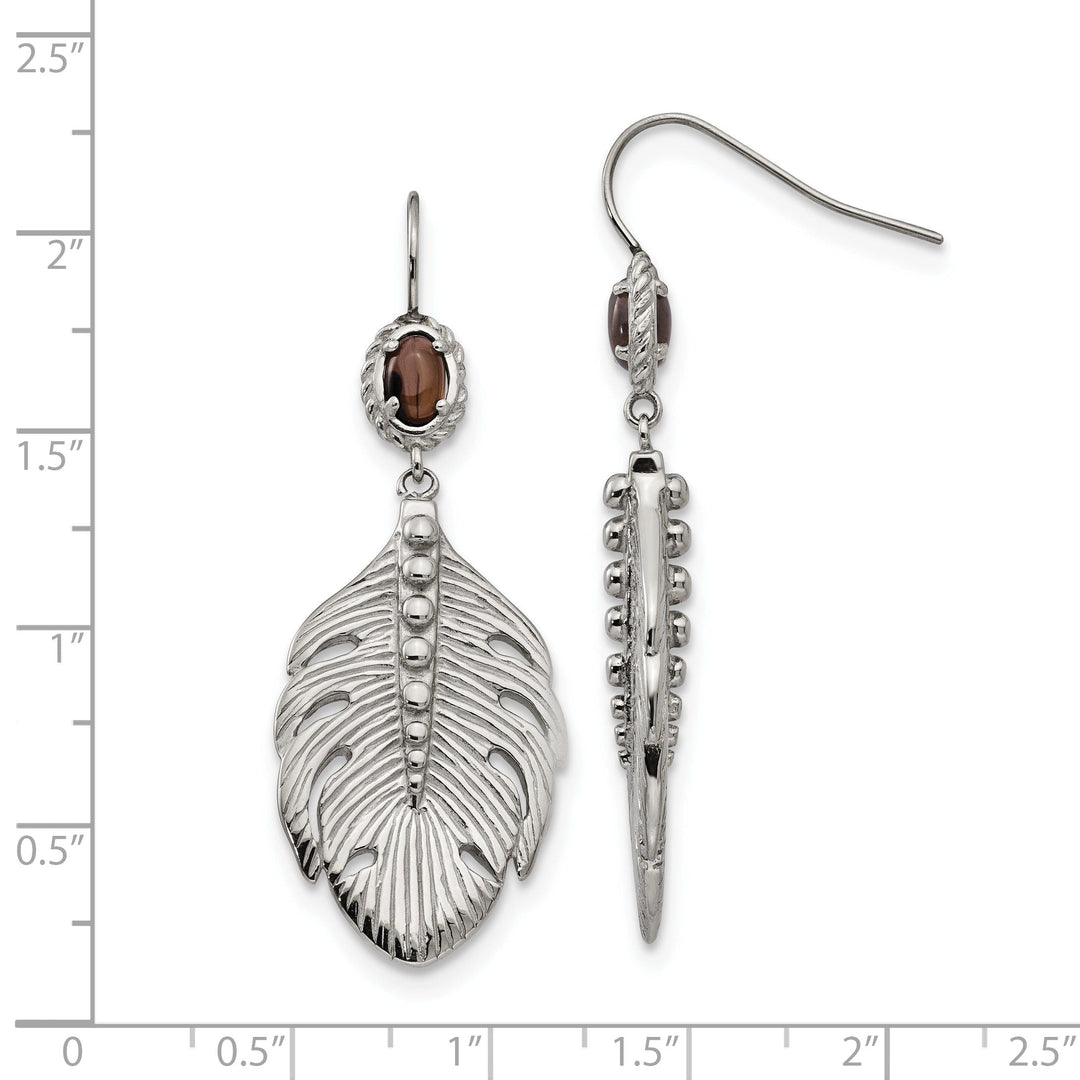 Stainless Steel Smokey Quartz Feather Earrings