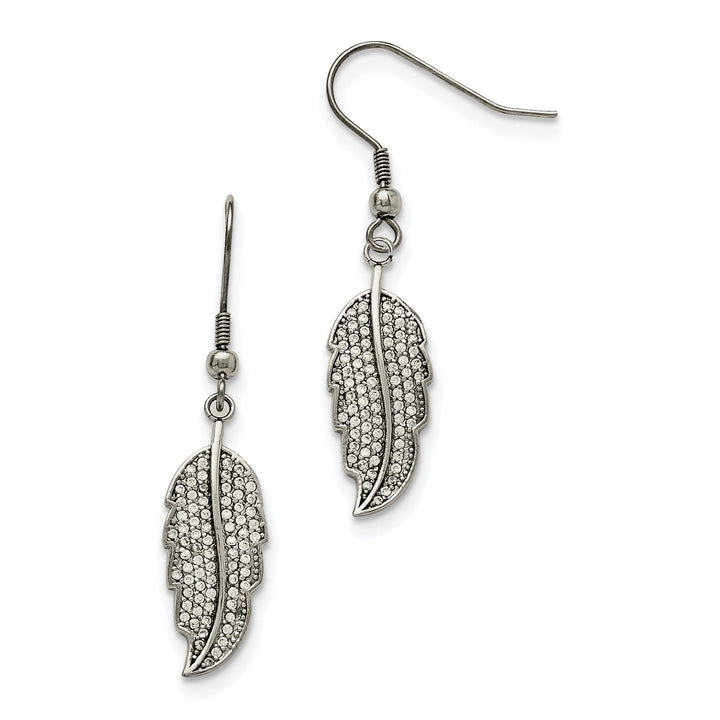 Stainless Steel Leaf CZ Shepherd Hook Earrings