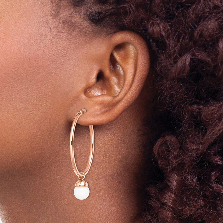 Stainless Rose White Jade Hinged Hoop Earrings