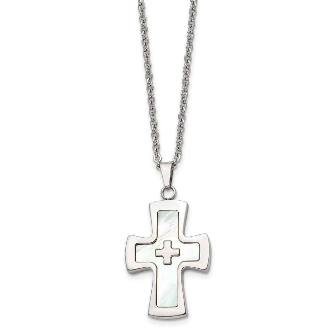 Steel Polished Mother Of Pearl Cross Necklace