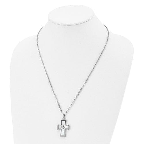 Steel Polished Mother Of Pearl Cross Necklace
