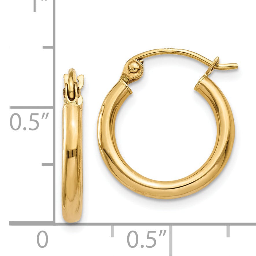 14k Yellow Gold Polished 2MM Round Hoop Earrings