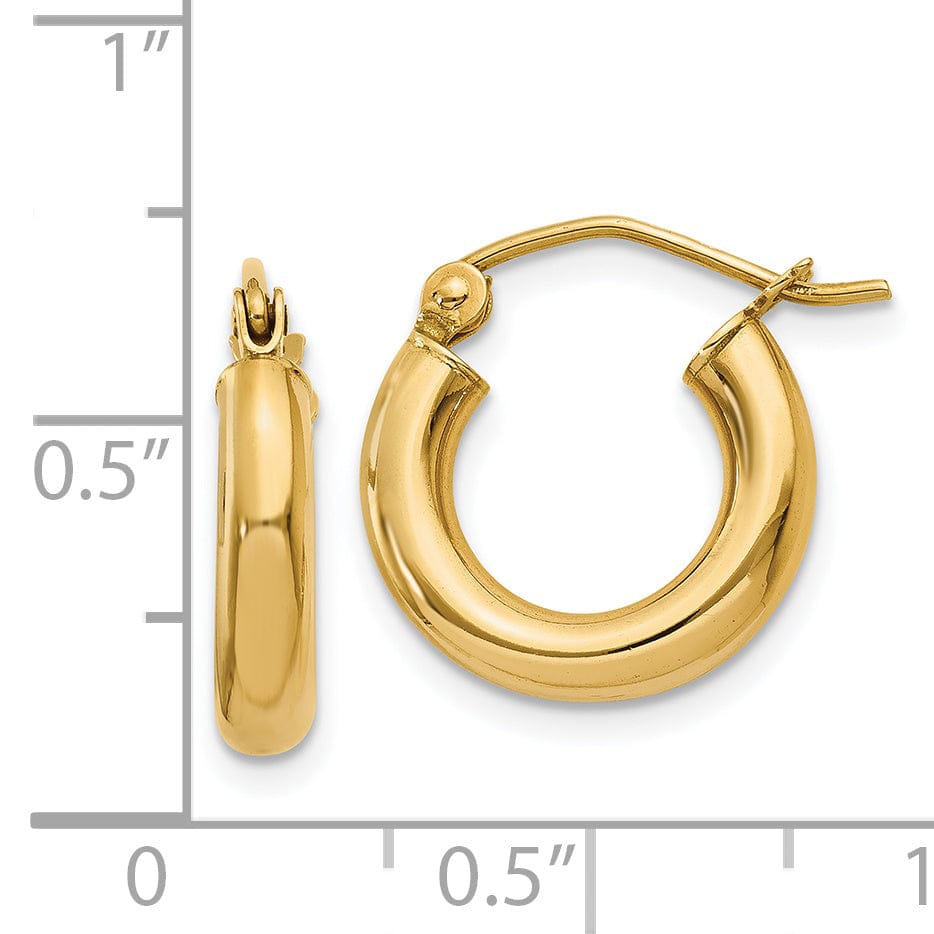 14k Yellow Gold Polished 3MM Round Hoop Earrings