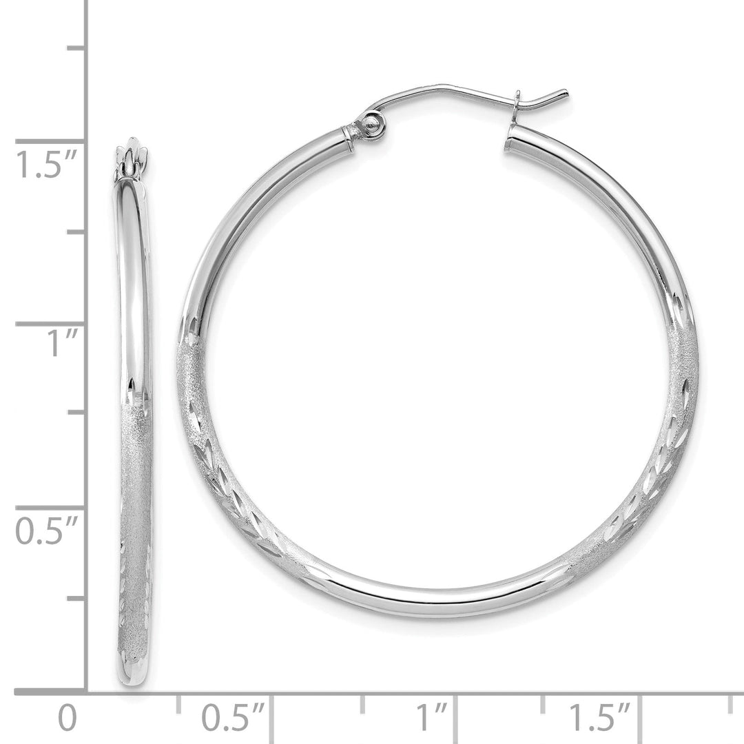 14k White Gold Satin Diamond Cut 2MM Round Hoop