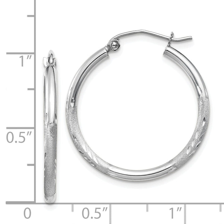 14k White Gold Satin Diamond Cut 2MM Round Hoop