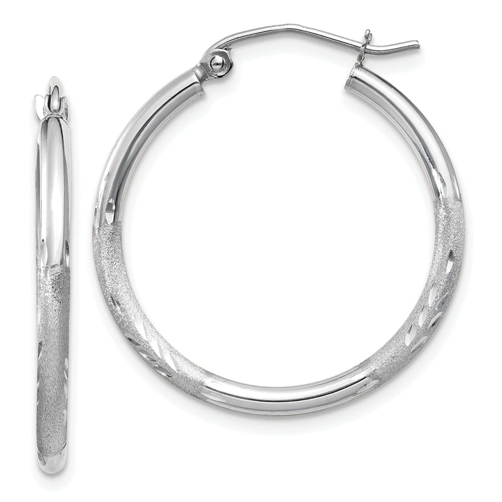 14k White Gold Satin Diamond Cut 2MM Round Hoop