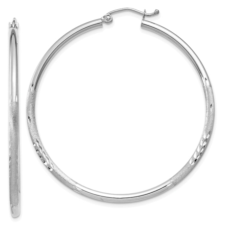 14k White Gold Satin Diamond Cut 2MM Round Hoop