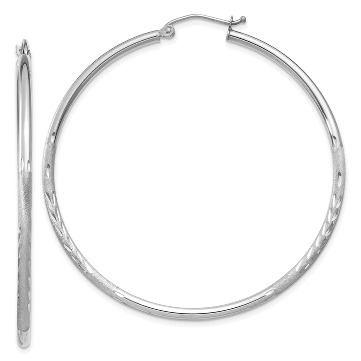 14k White Gold Satin Diamond Cut 2MM Round Hoop