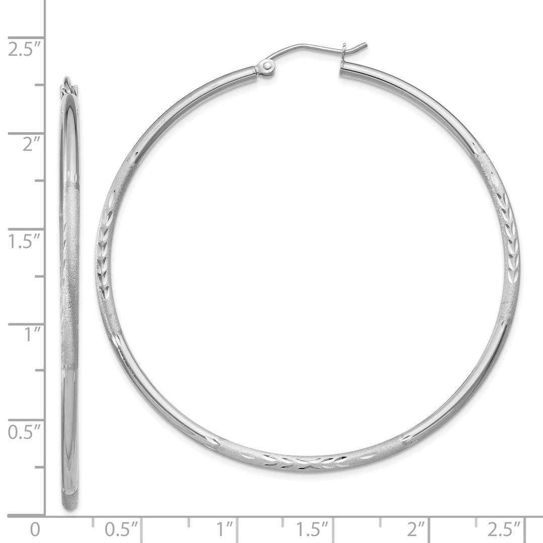 14k White Gold Satin Diamond Cut 2MM Round Hoop