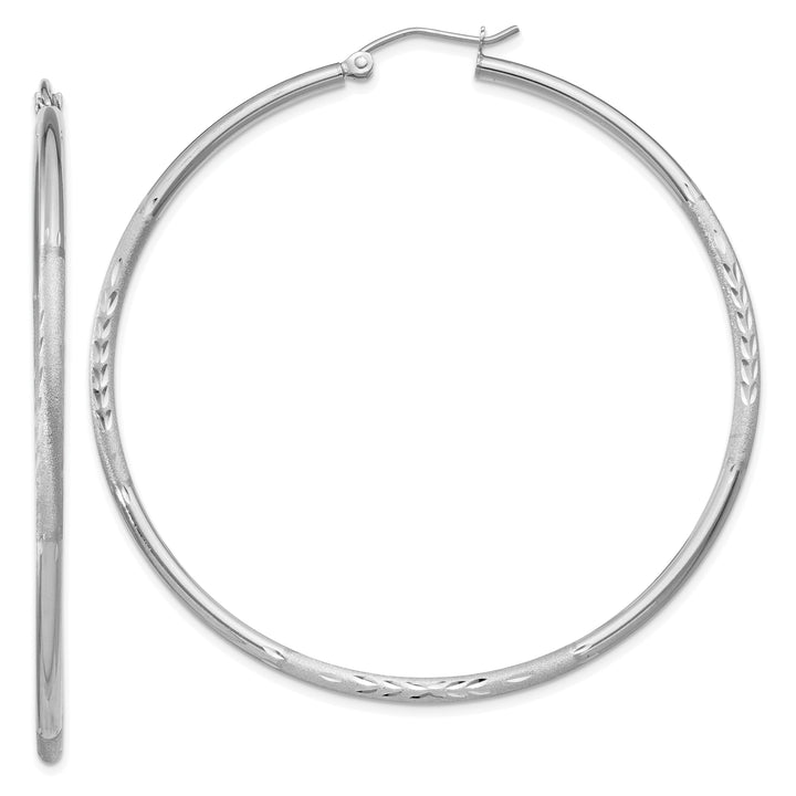 14k White Gold Satin Diamond Cut 2MM Round Hoop
