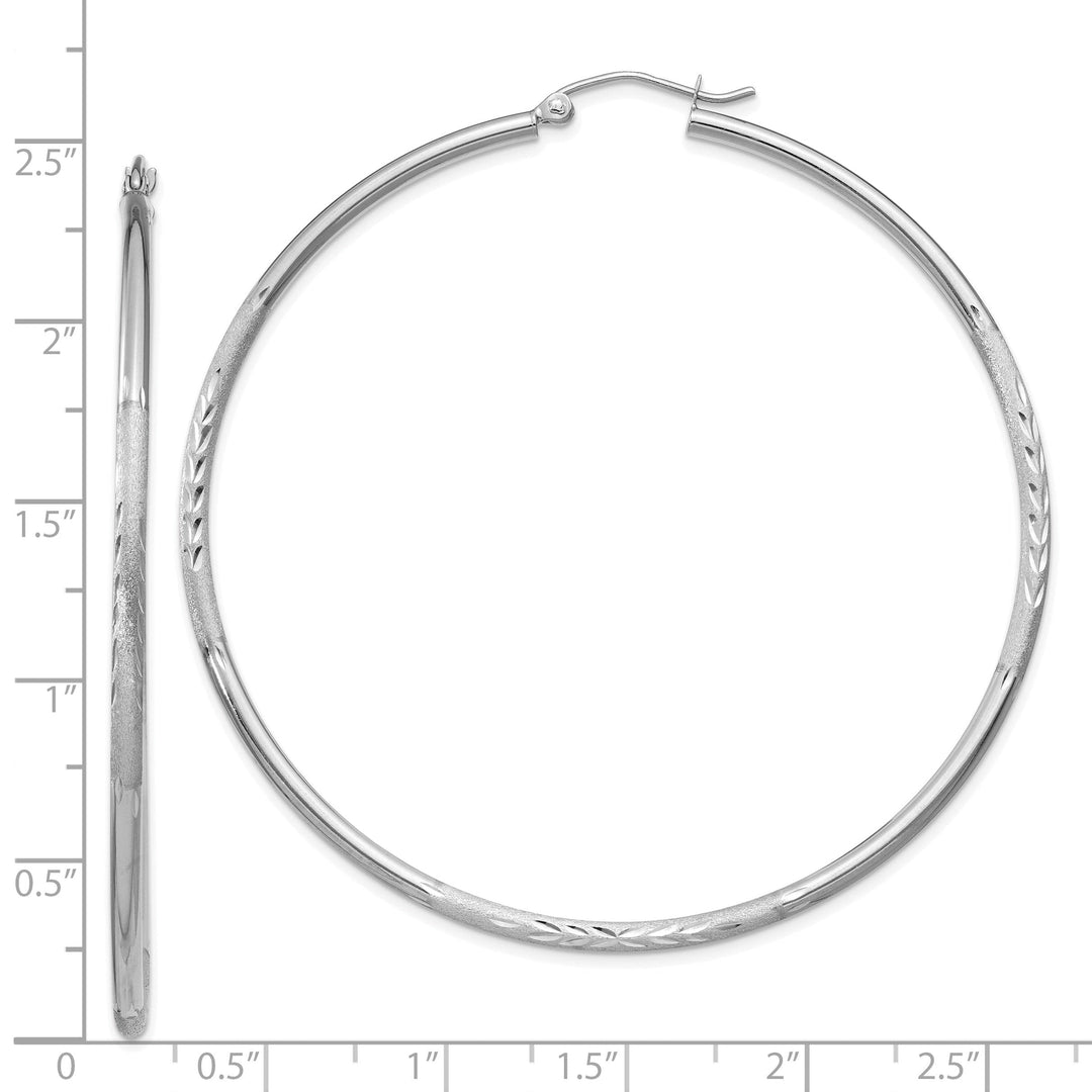 14k White Gold Satin Diamond Cut 2MM Round Hoop