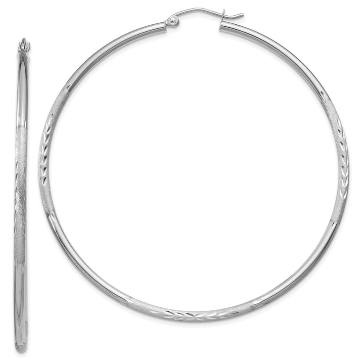 14k White Gold Satin Diamond Cut 2MM Round Hoop