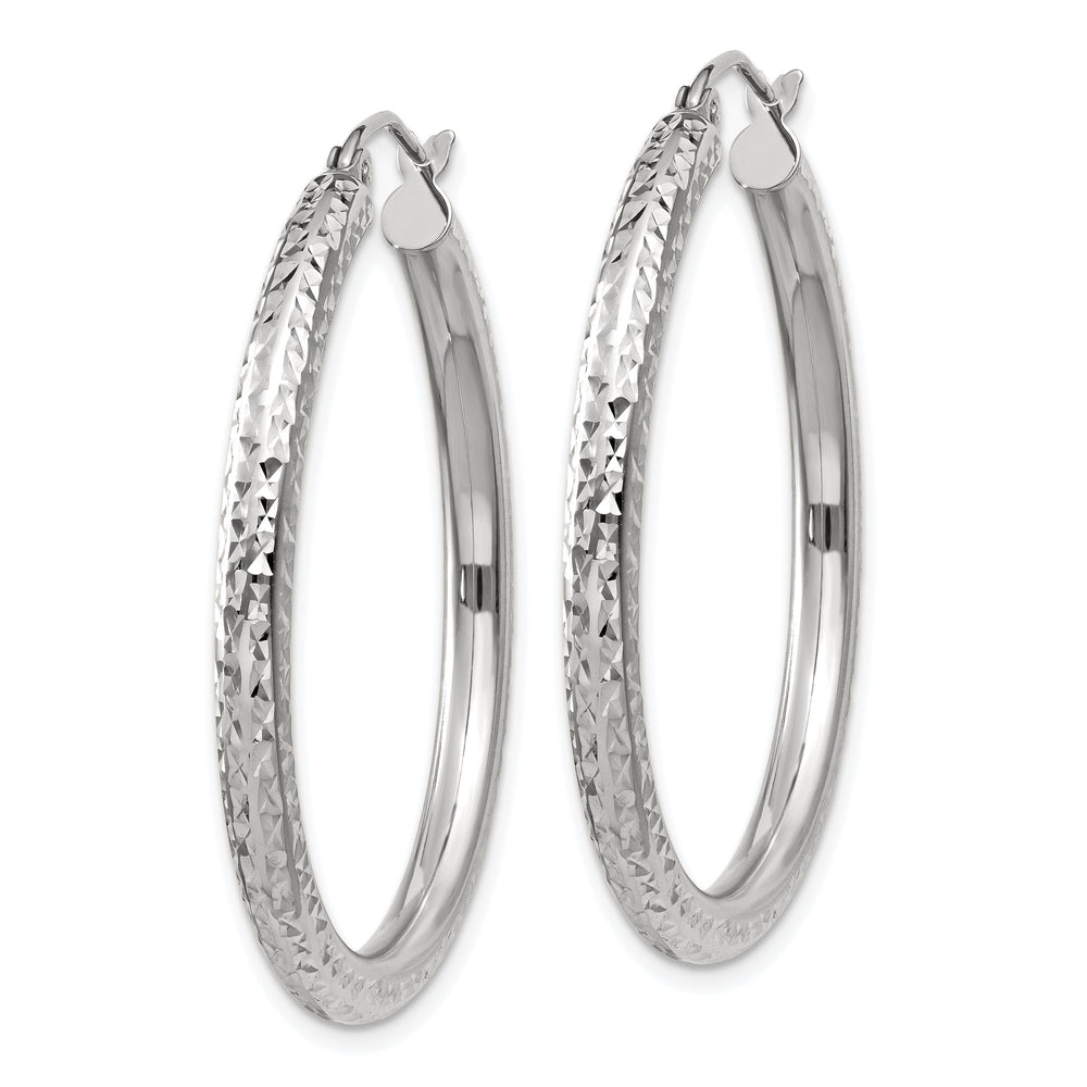 14k White Gold Diamond Cut 3MM Round Hoop Earrings