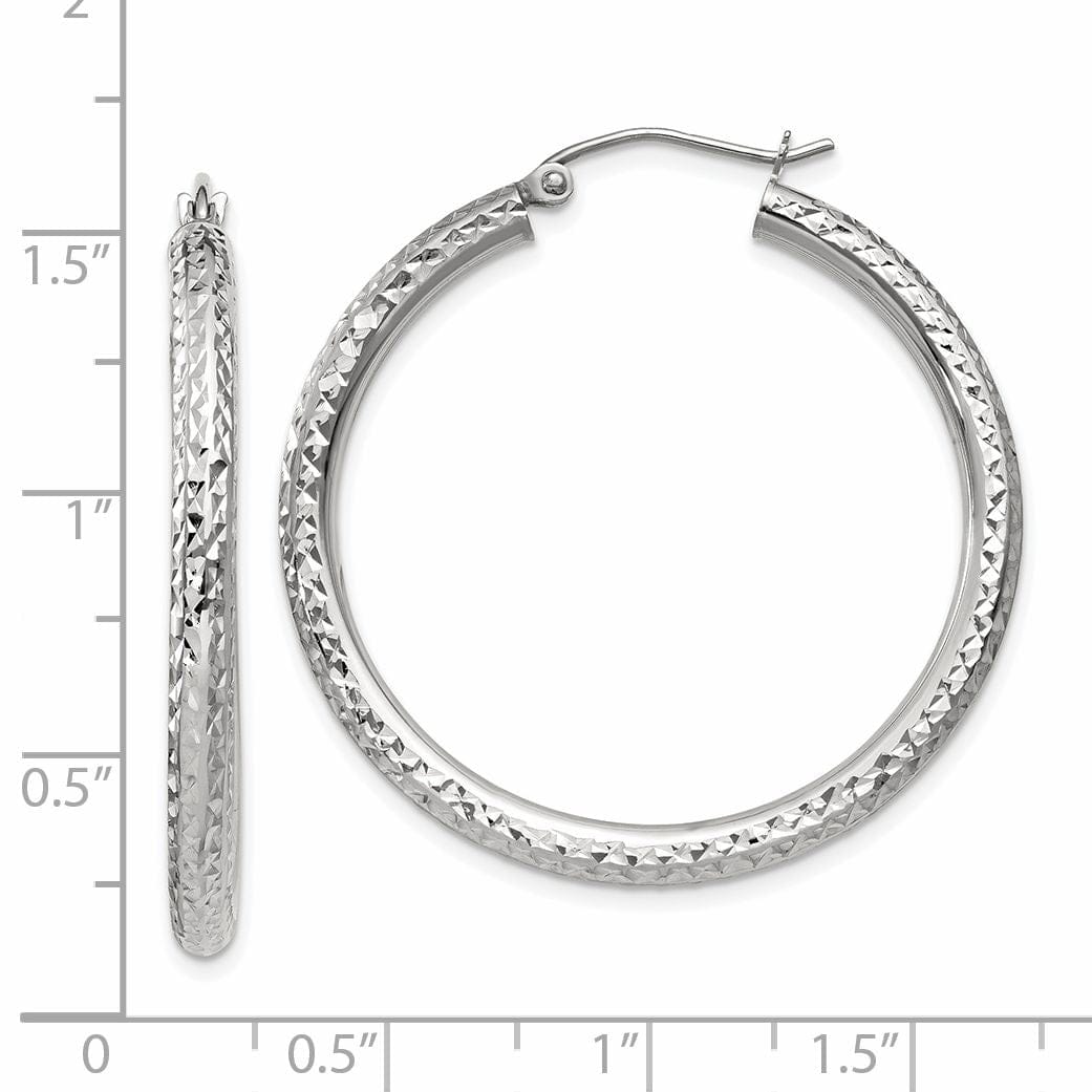 14k White Gold Diamond Cut 3MM Round Hoop Earrings