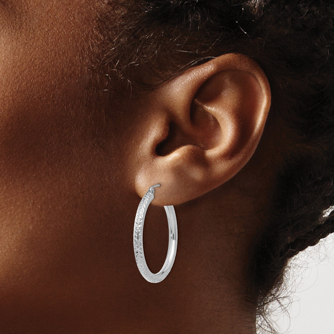 14k White Gold Diamond Cut 3MM Round Hoop Earrings