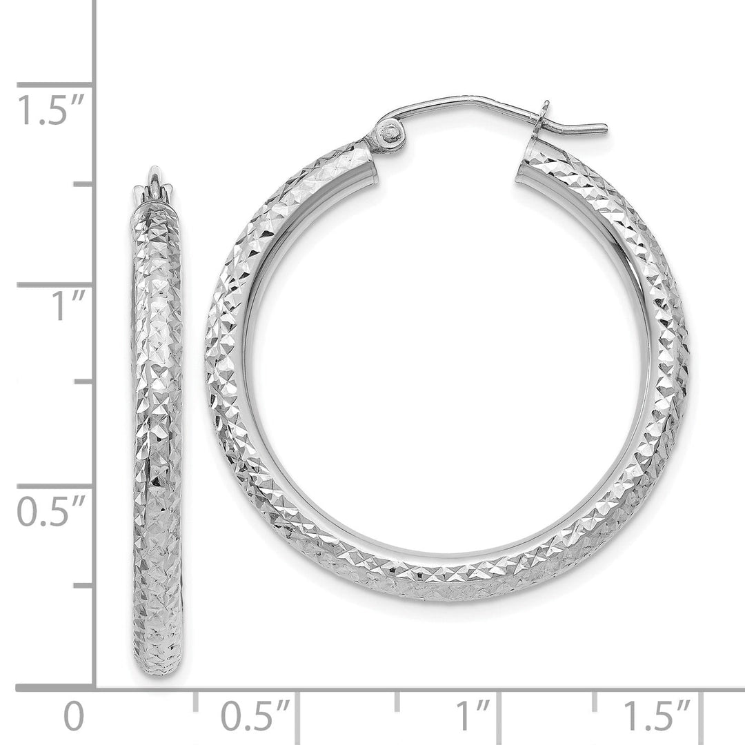 14k White Gold Diamond Cut 3MM Round Hoop Earrings