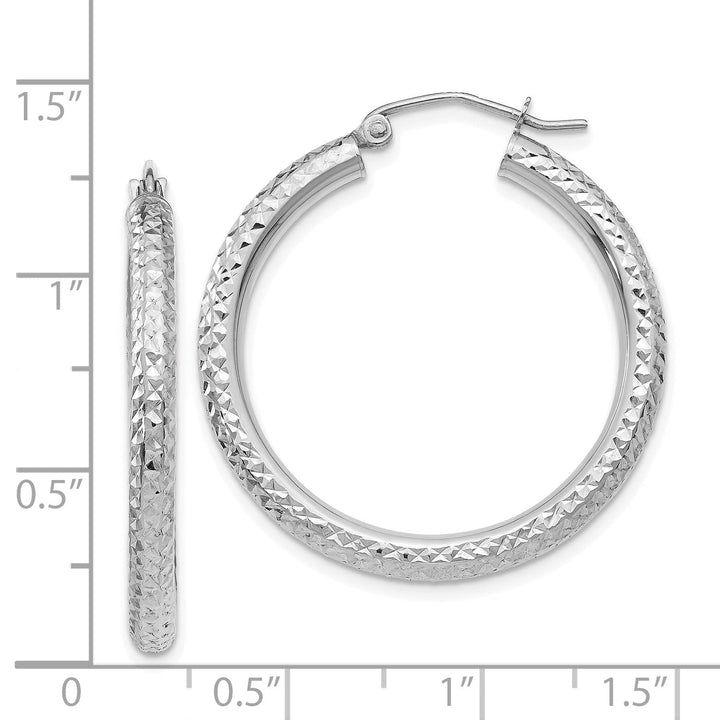 14k White Gold Diamond Cut 3MM Round Hoop Earrings