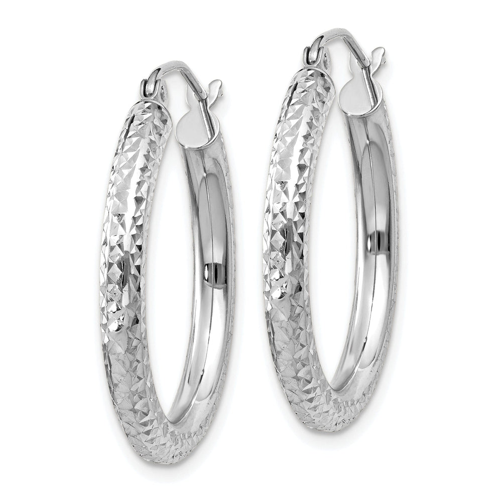 14k White Gold Diamond Cut 3MM Round Hoop Earrings