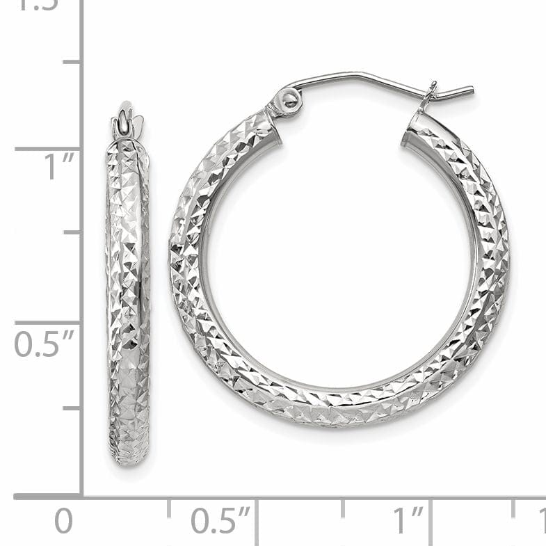 14k White Gold Diamond Cut 3MM Round Hoop Earrings
