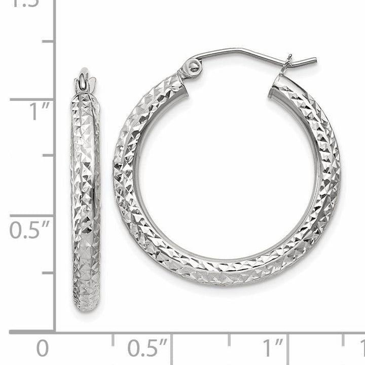 14k White Gold Diamond Cut 3MM Round Hoop Earrings