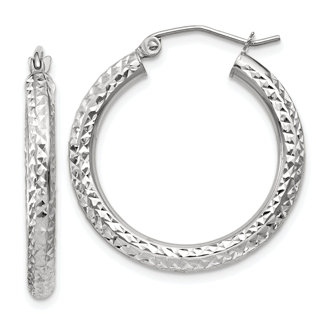 14k White Gold Diamond Cut 3MM Round Hoop Earrings