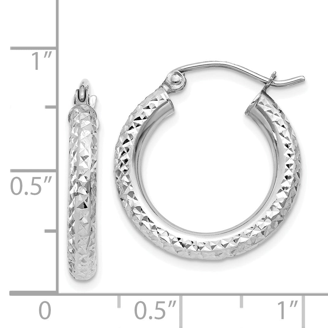 14k White Gold Diamond Cut 3MM Round Hoop Earrings