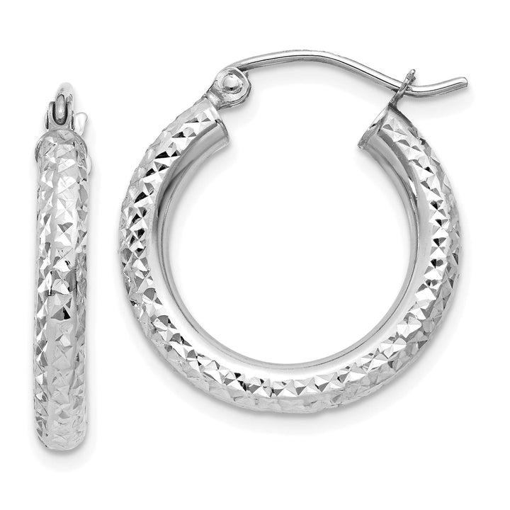 14k White Gold Diamond Cut 3MM Round Hoop Earrings